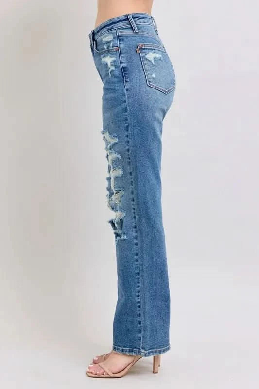 Judy Blue Full Size High Waist Heavy Destroy Straight Jeans MD
