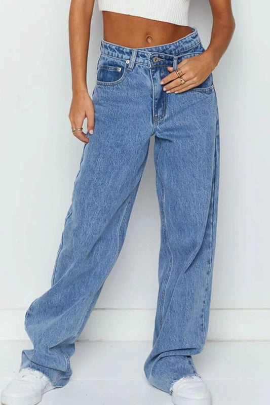 Mid Rise Asymmetrical Waist Wide Leg Jeans Medium