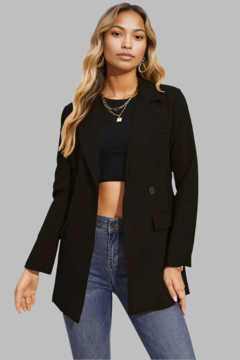 Lapel Neck Long Sleeve Blazer with Pockets Black