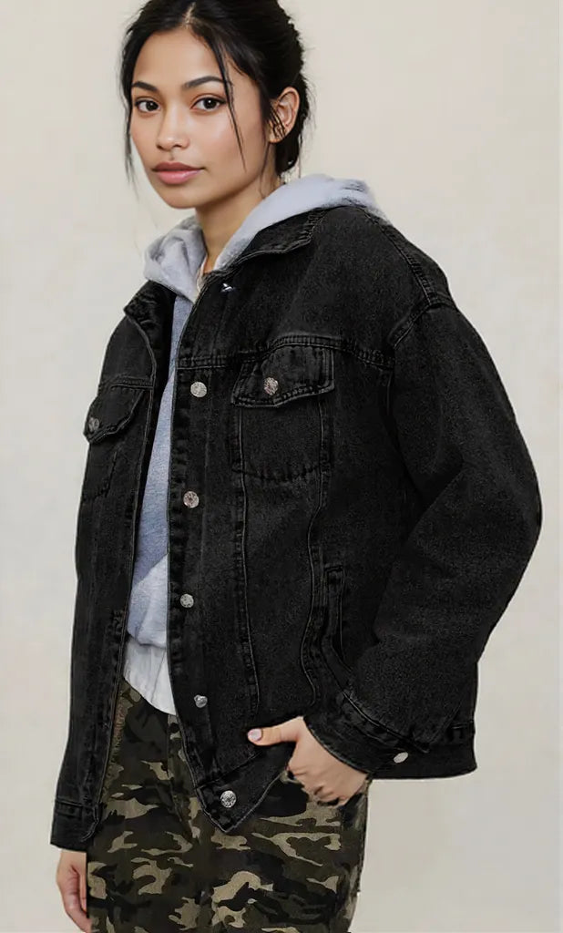 Button Up Collared Neck Long Sleeve Denim Jacket