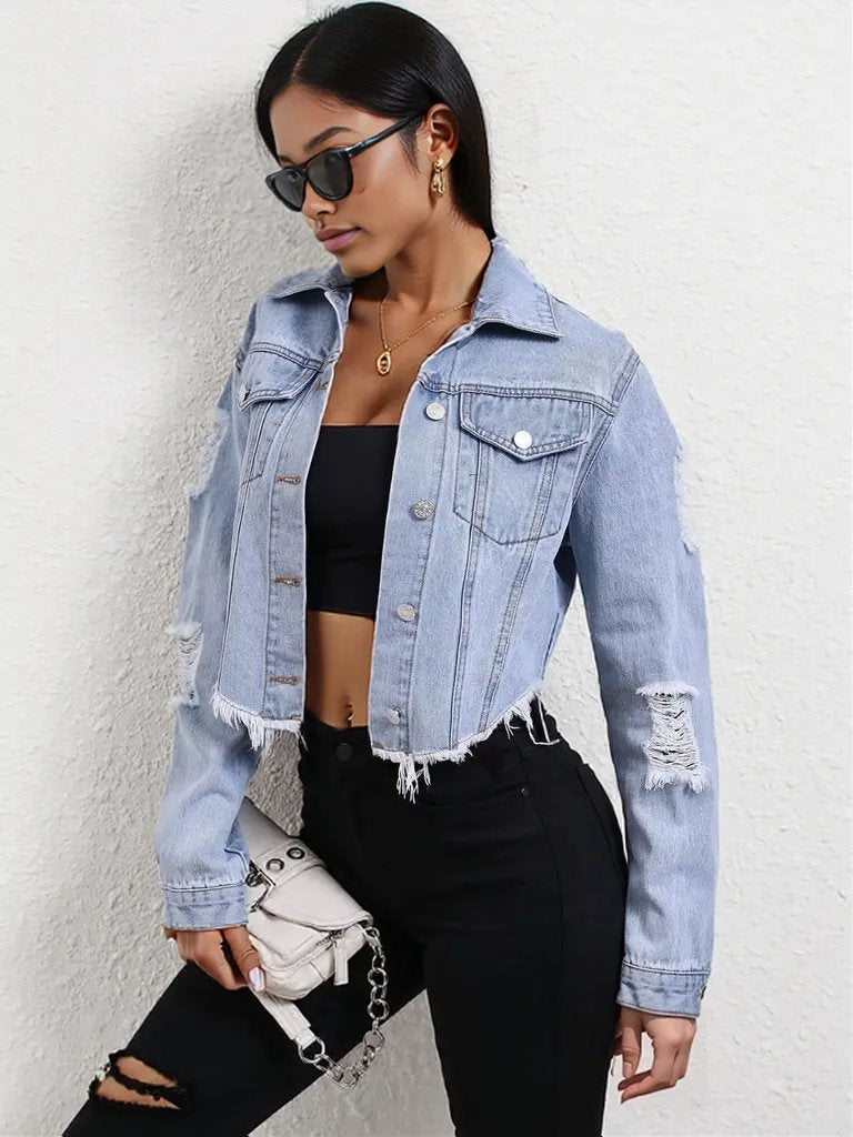 Distressed Raw Hem Button Up Denim Jacket