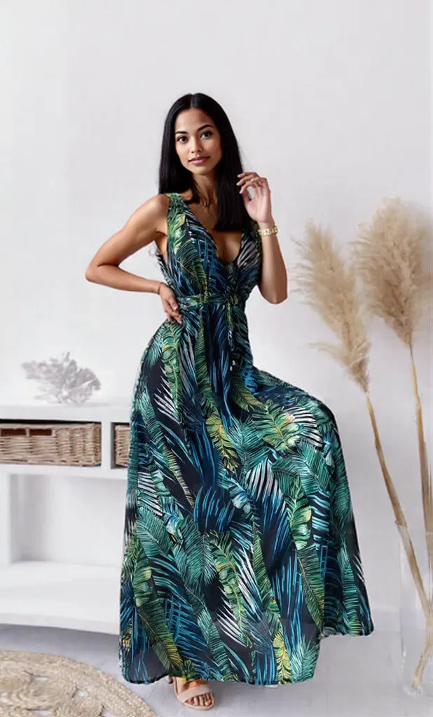 Leaf Print Sleeveless Maxi Dress