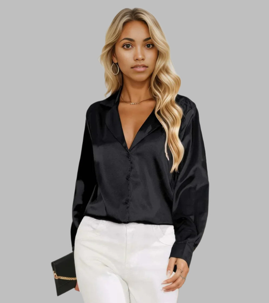 Lapel Collar Button Up Long Sleeve Shirt Black