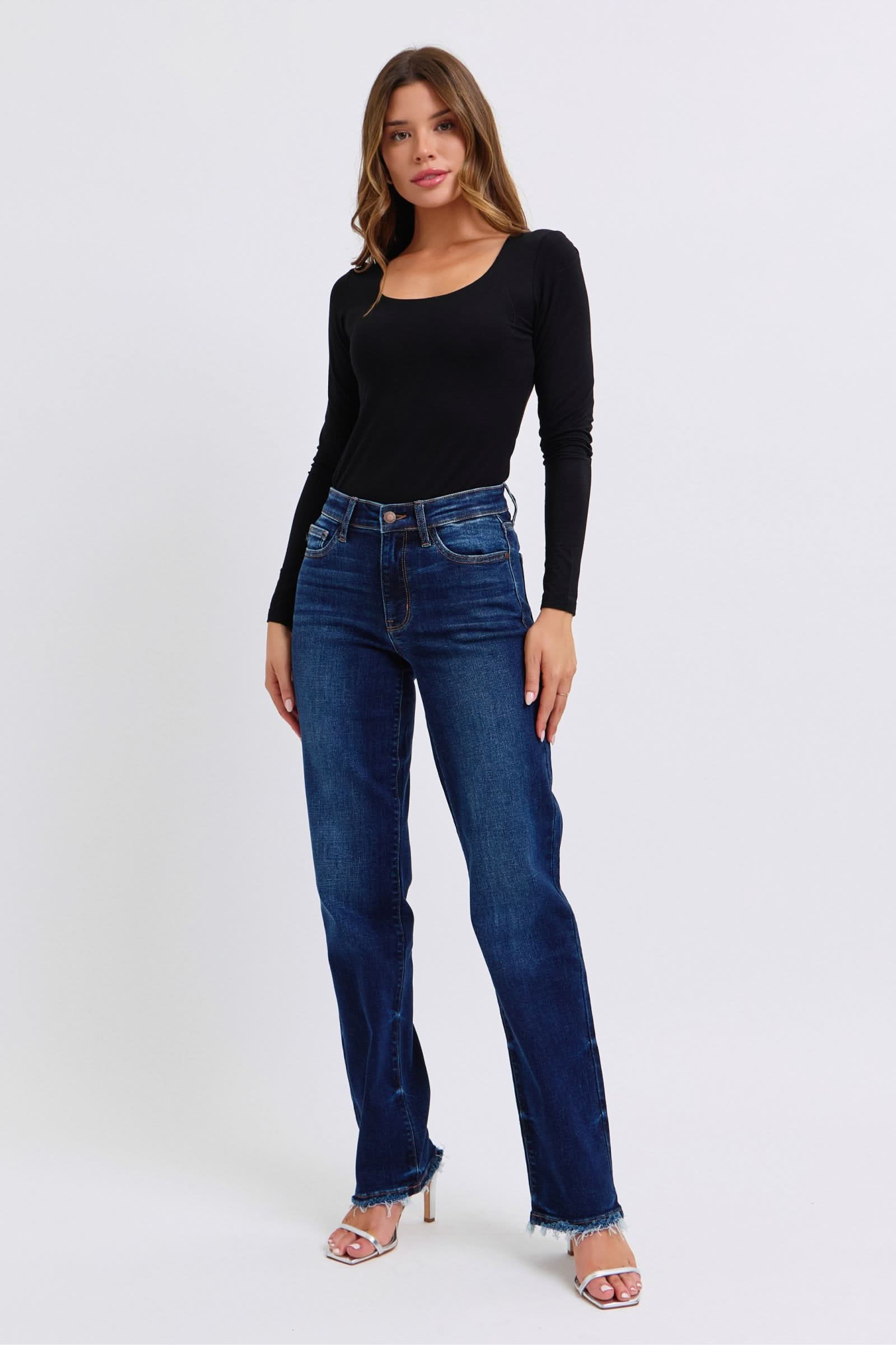 Judy Blue Full Size Raw Hem Straight Leg Jeans Dark