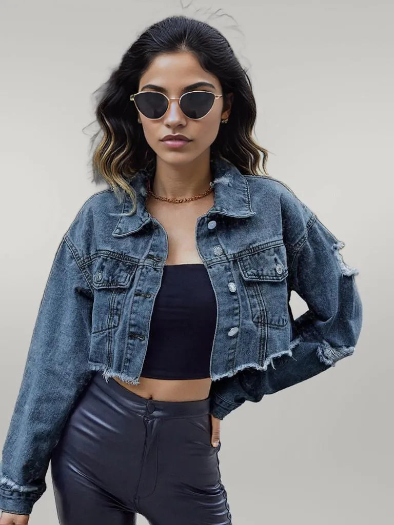 Distressed Raw Hem Cropped Denim Jacket Medium