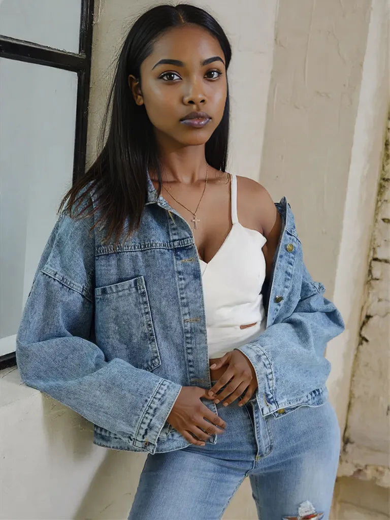 Button Down Drop Shoulder Denim Jacket