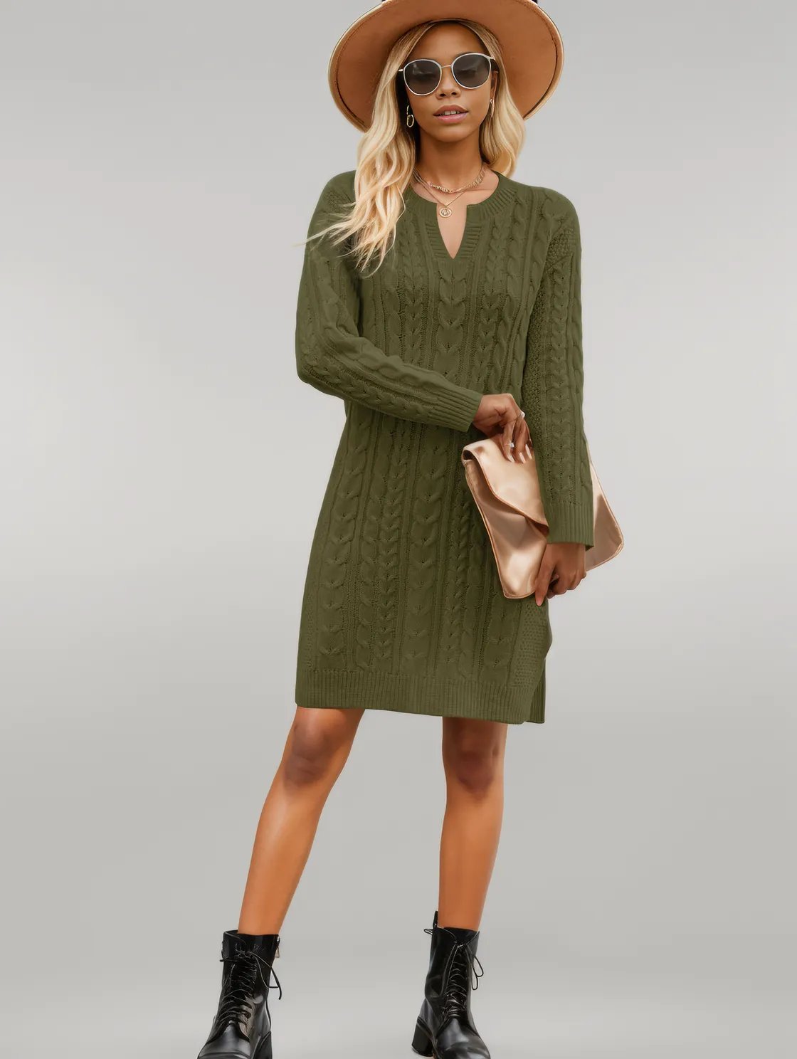 Notched Neck Cable-Knit Slit Sweater Dress