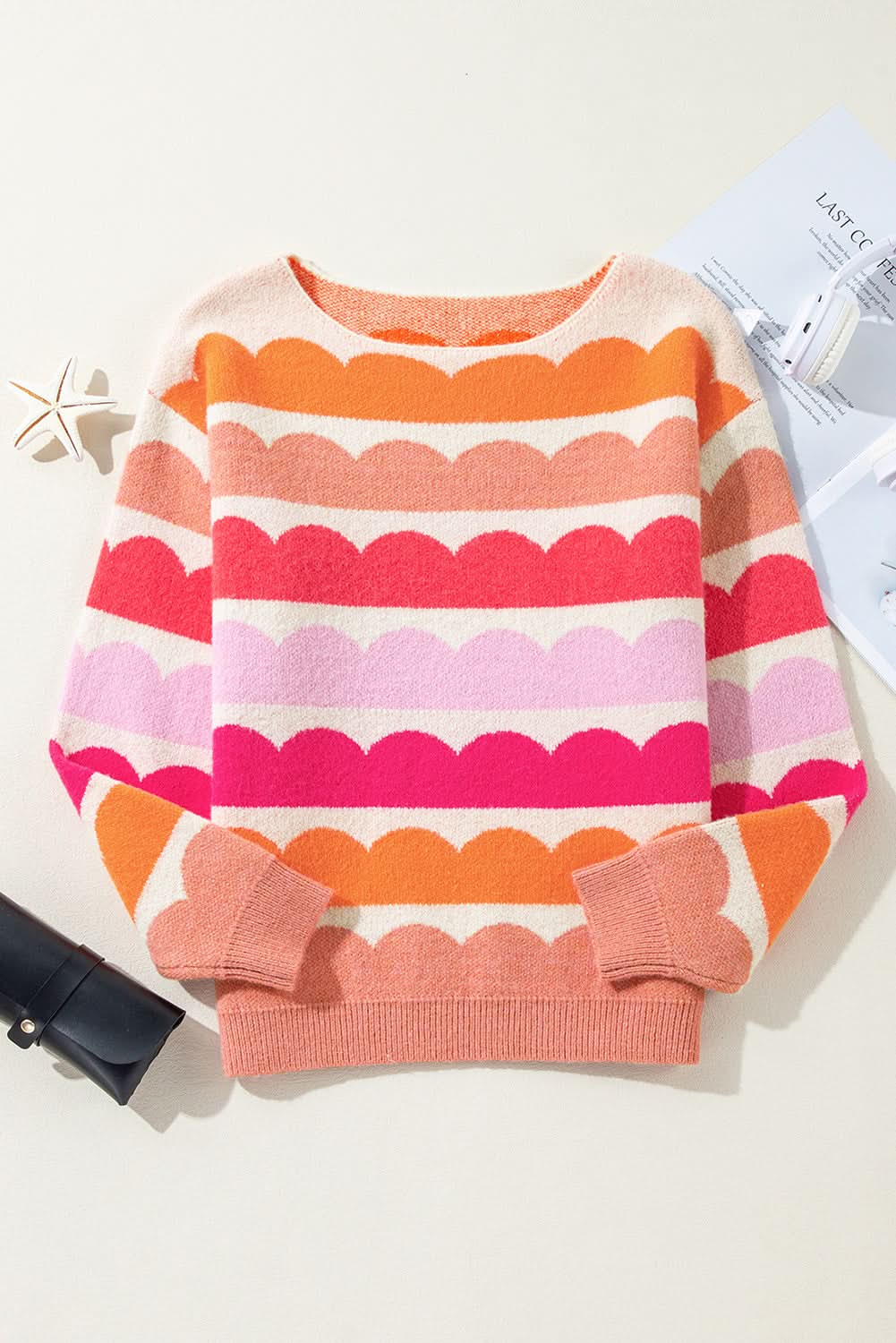 Rose Red Wave Striped Balloon Sleeve Drop Shoulder Sweater Rose Red 42%Acrylic+30%Polyester+28%Polyamide
