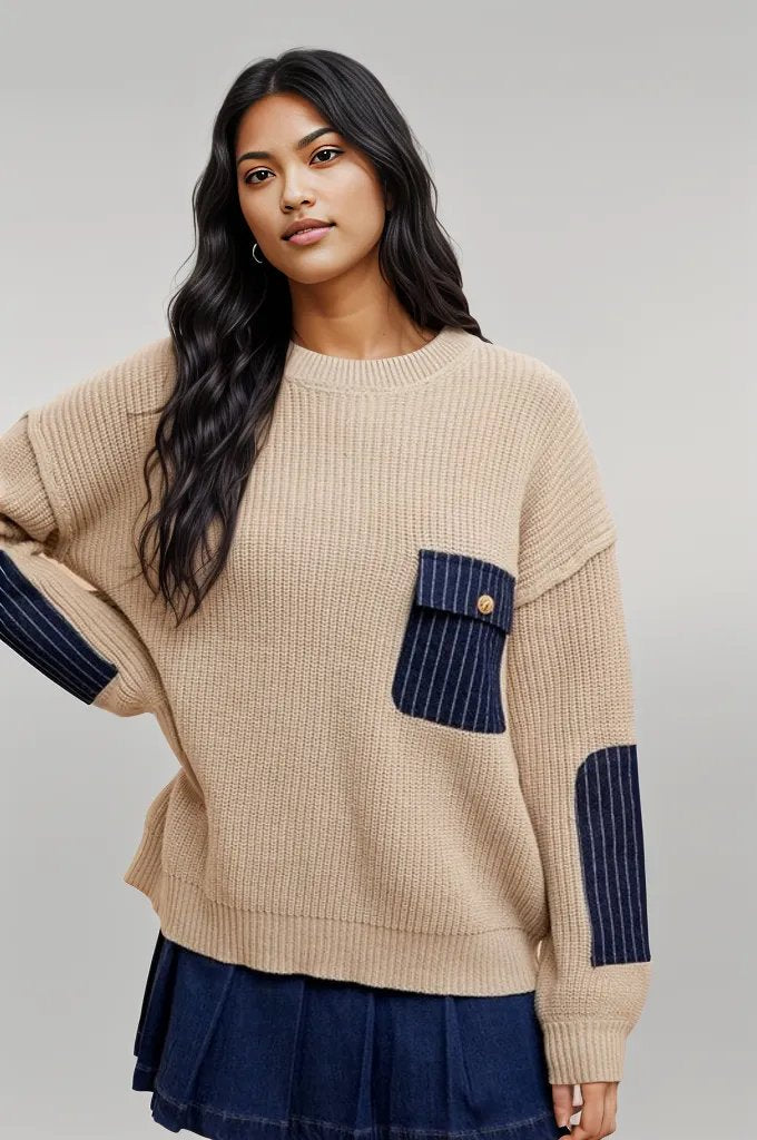 Annie Wear Contrast Round Neck Drop Shoulder Sweater with Patch Pocket Khaki