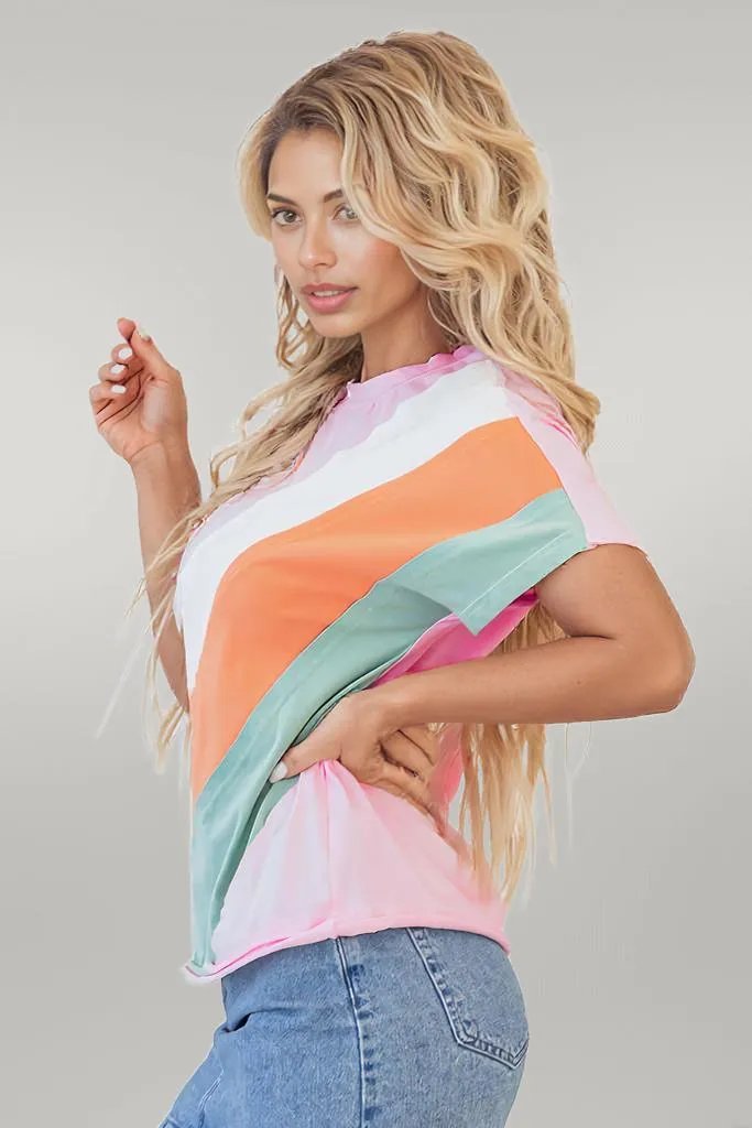 Pink Color Block Patchwork Seamed Crewneck T Shirt