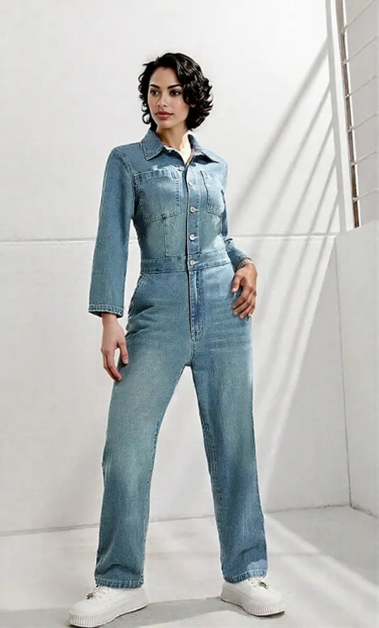 Half Button Long Sleeve Straight Leg Denim Jumpsuit Light