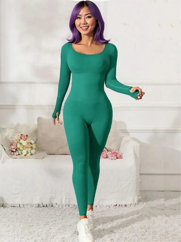Scoop Neck Long Sleeve Active Jumpsuit