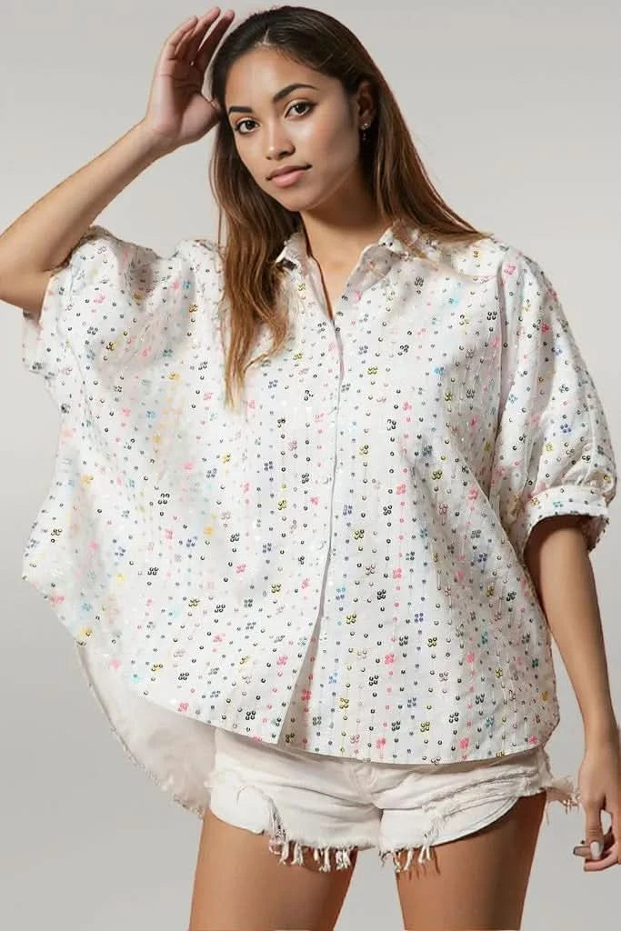 BiBi Sequin Striped Short Dolman Sleeve Blouse