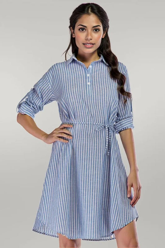 Full Size Striped Quarter-Button Roll-Tab Sleeve Shirt Dress Stripe