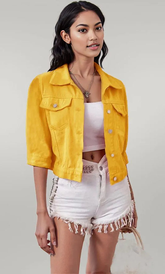 Full Size Cropped Denim Jacket Gold