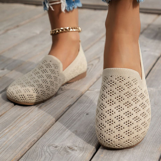 Mesh Round Toe Flat Slip-Ons Beige