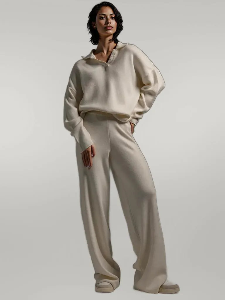 Johnny Collar Long Sleeve Top and Pants Sweater Set Cream One Size