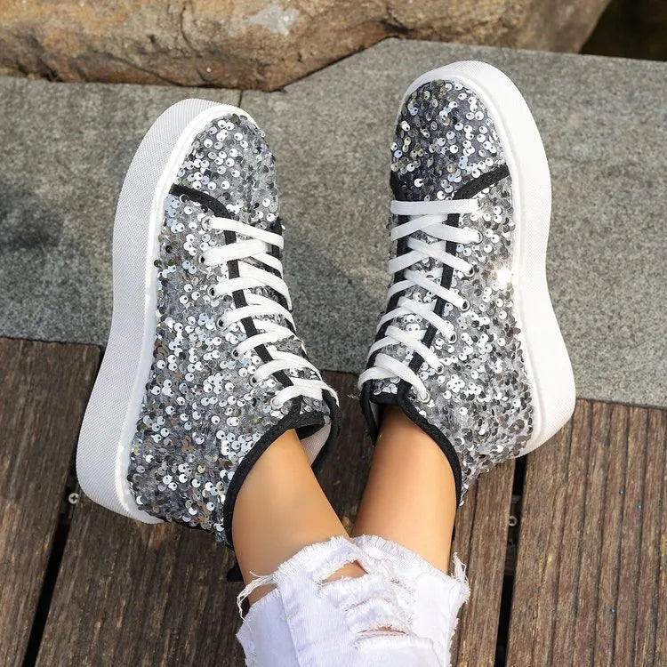 Sequin Round Toe Platform Sneakers Silver