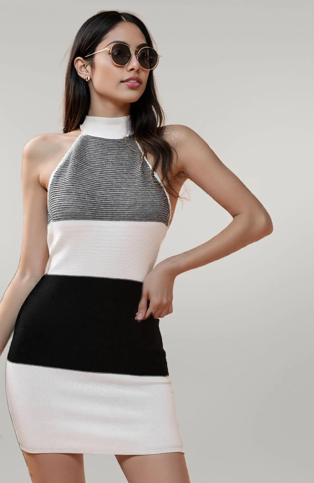 Color Block Halter Neck Knit Dress
