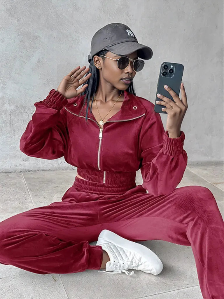 Zip Up Long Sleeve Cropped Top and Joggers Set