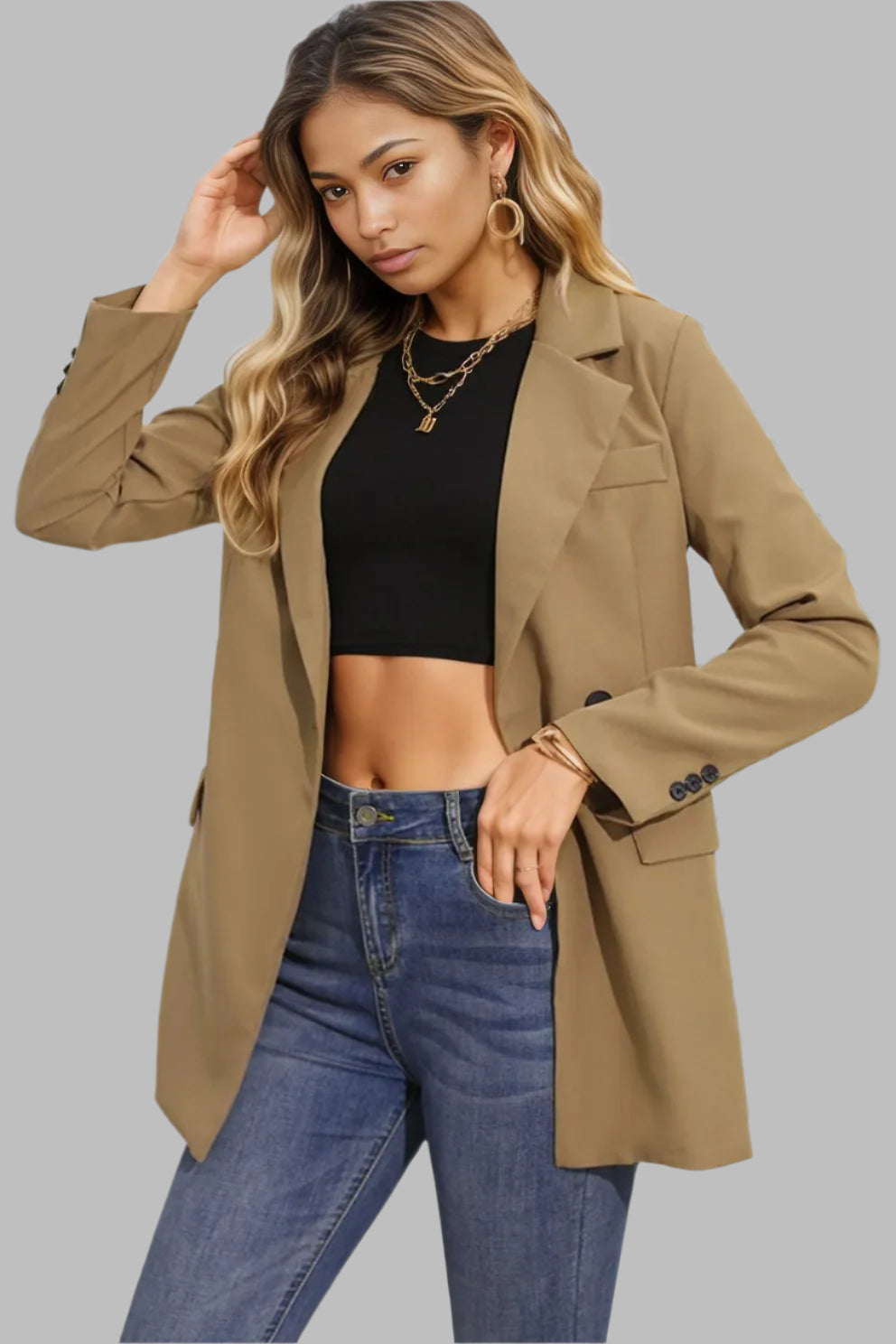 Lapel Neck Long Sleeve Blazer with Pockets