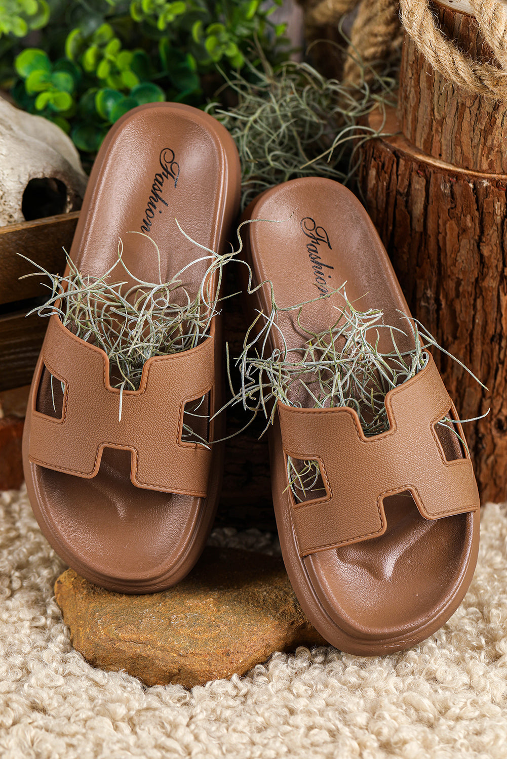 Beige Cutout Design Open Toe Platform Slippers (Run Small, Size Up)