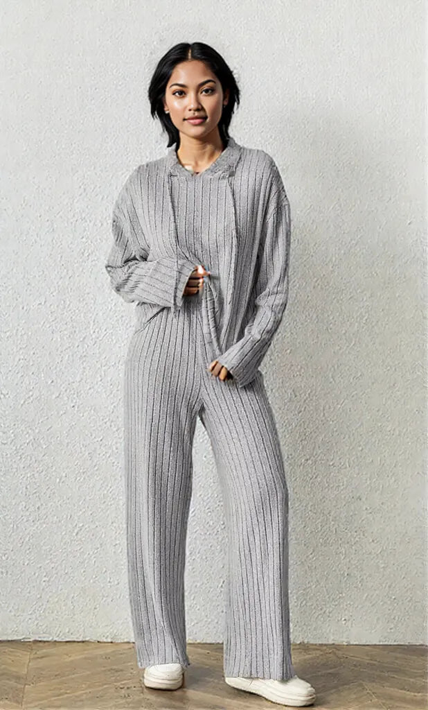 Ribbed Drawstring Hoodie and Pants Set
