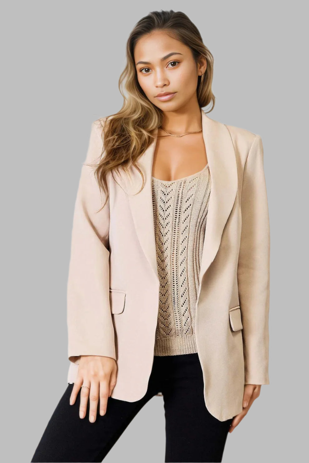 Devine Shawl Collar Long Sleeve Blazer Tan
