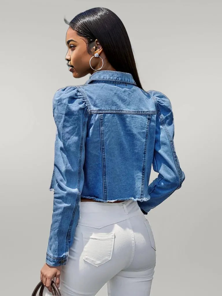 Button Down Raw Hem Cropped Denim Jacket