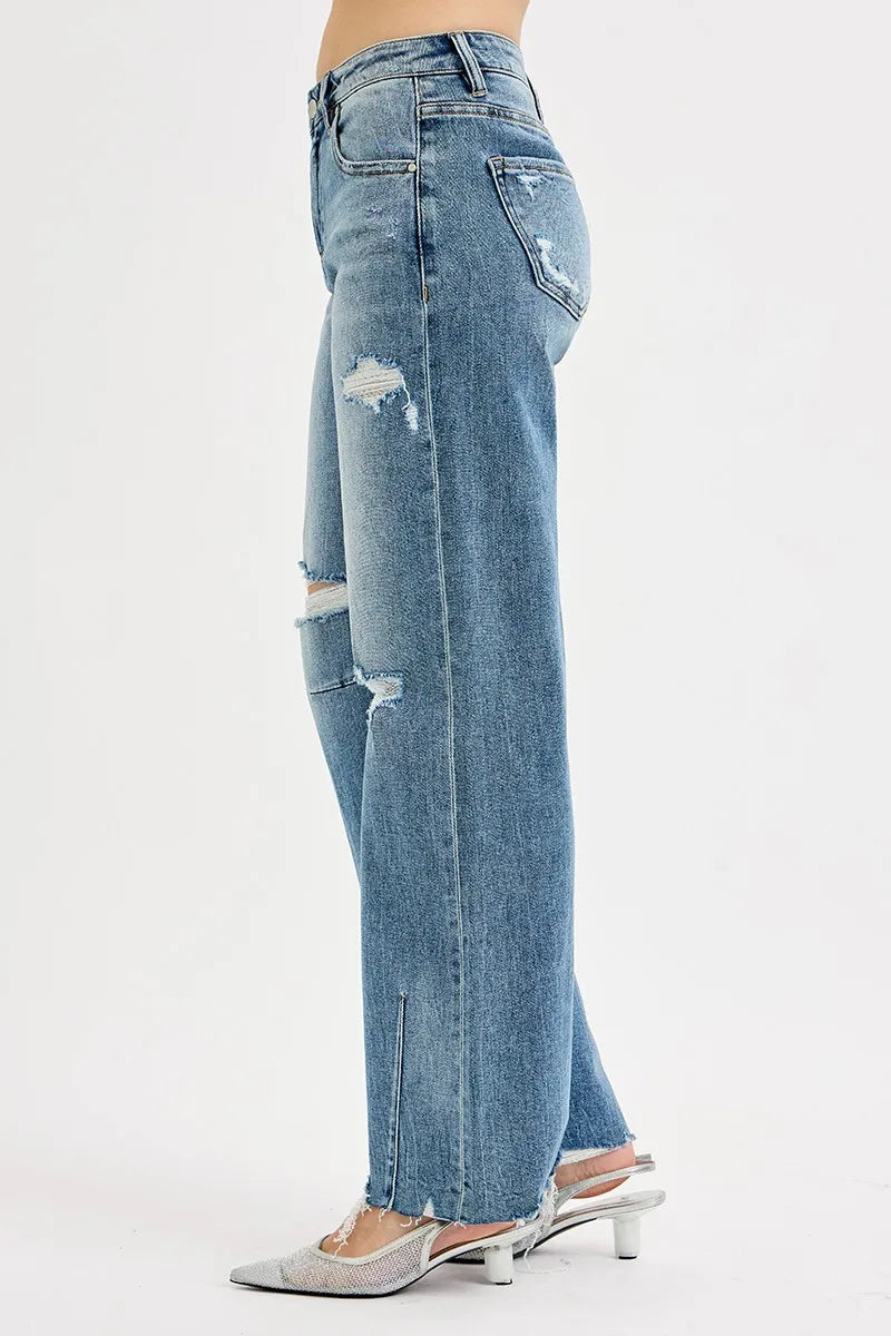 RISEN Full Size Mid Rise Fit Wide Baggy Leg Tie Washed Jeans