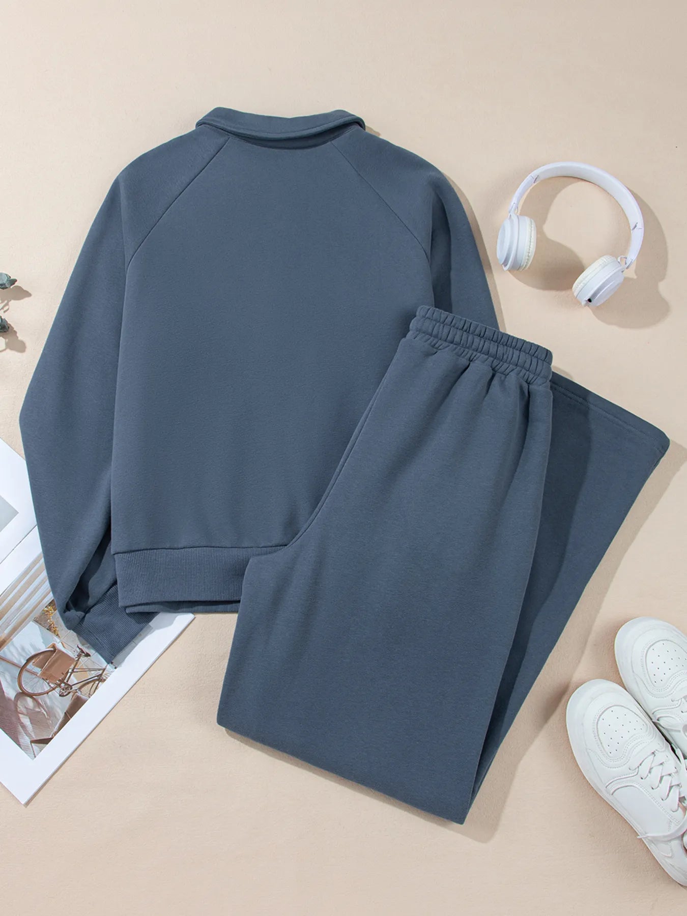 Collared Sweatshirt and High Waist Pants Active Set Dusty Blue