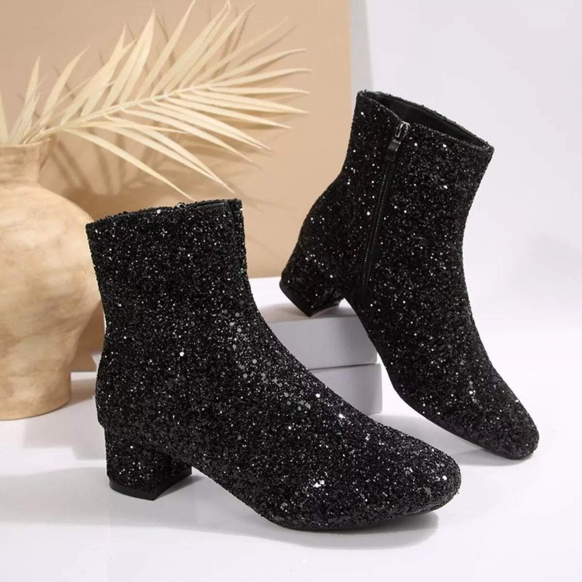 Sequin Block Heels Boots Black