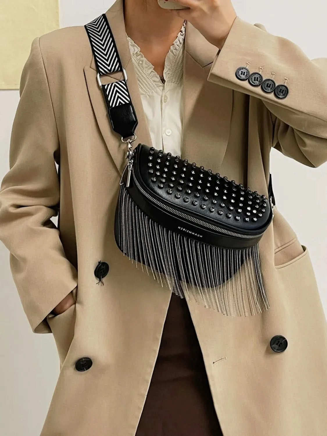 Fringe Studded PU Leather Crossbody Bag Black One Size