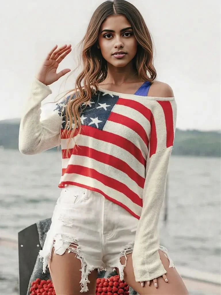 Perfee US Flag Boat Neck Long Sleeve Knit Top