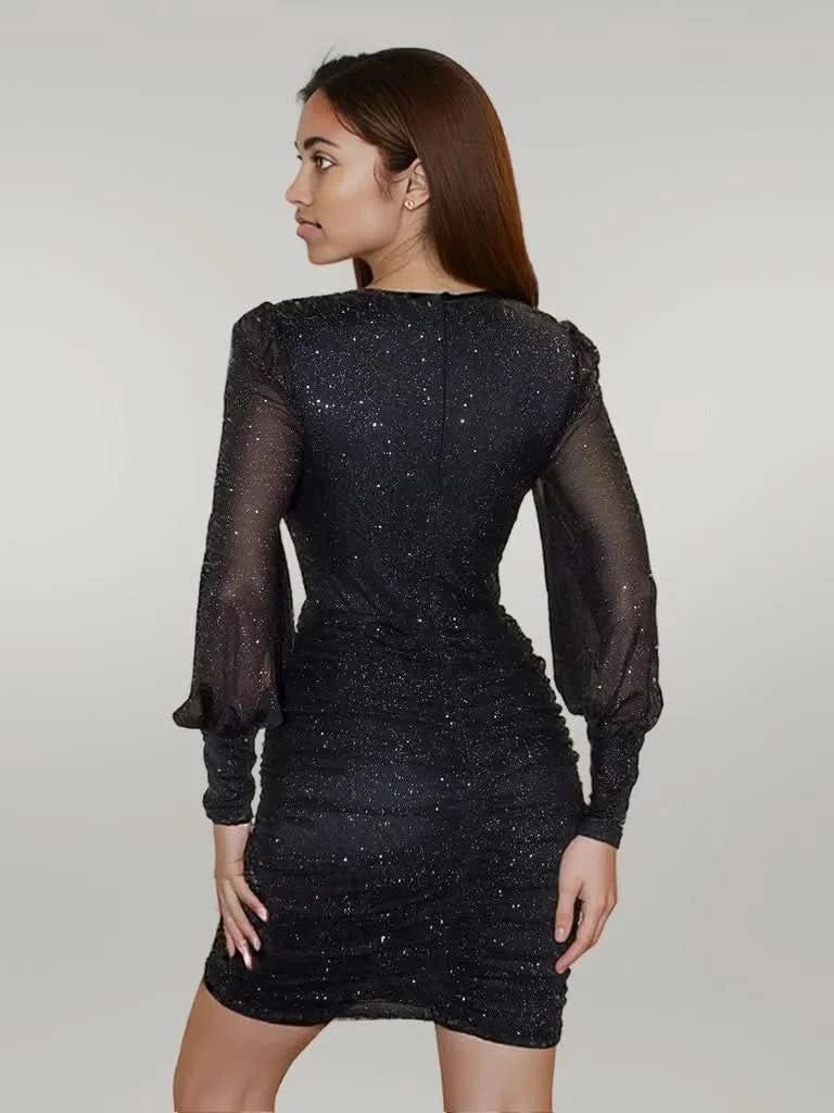 Glitter Cutout Twisted V-Neck Lantern Sleeve Mini Dress