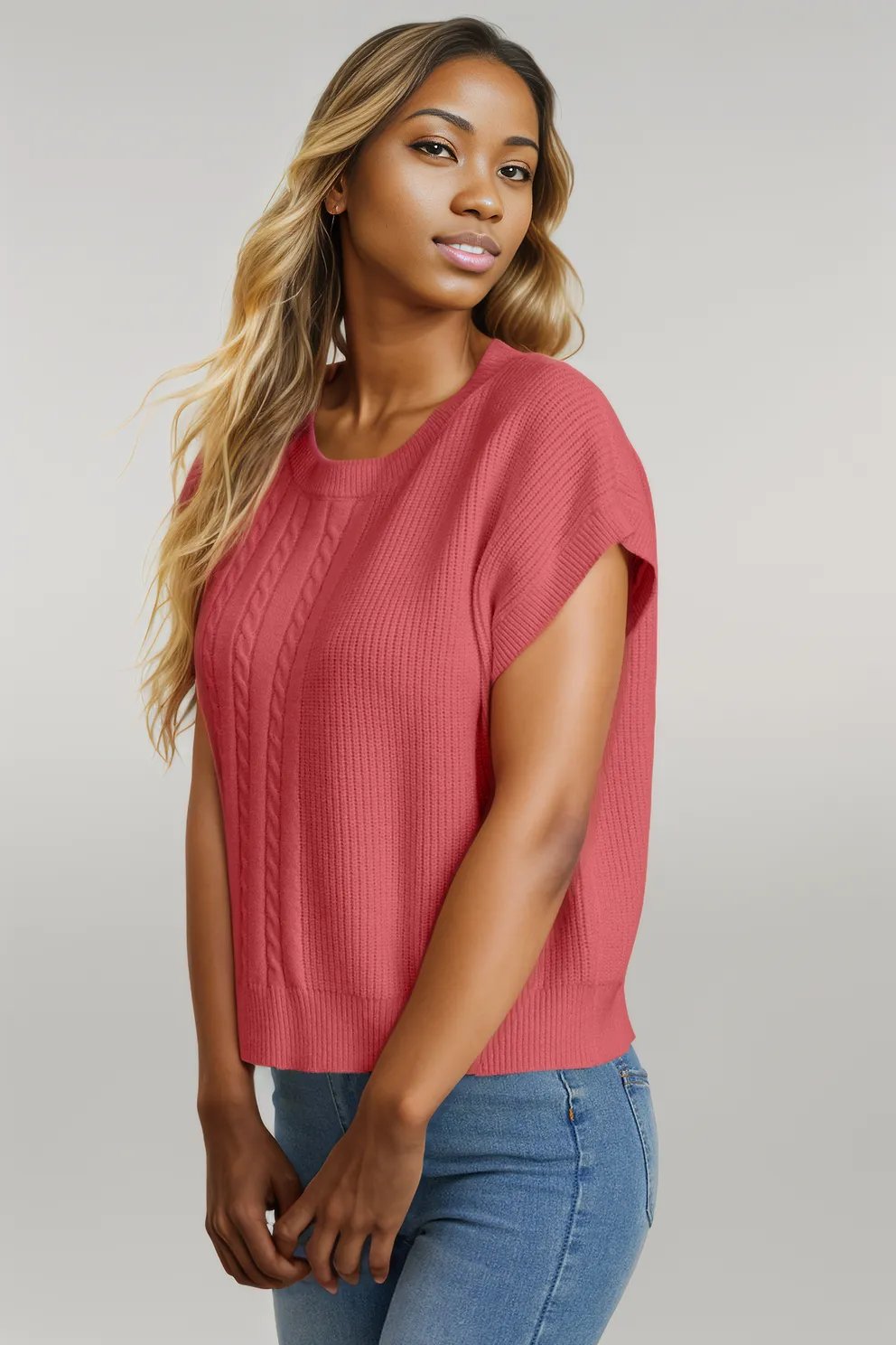 Double Take Full Size Cable-Knit Round Neck Short Sleeve Sweater