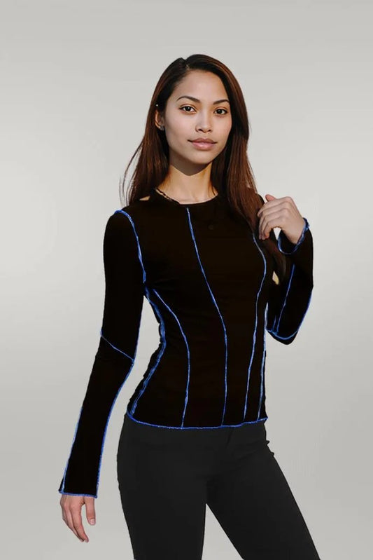 Ribbed Round Neck Long Sleeve Blouse Black