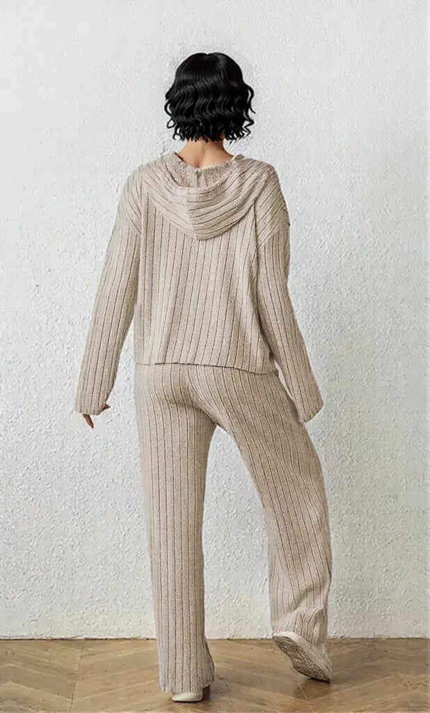 Ribbed Drawstring Hoodie and Pants Set