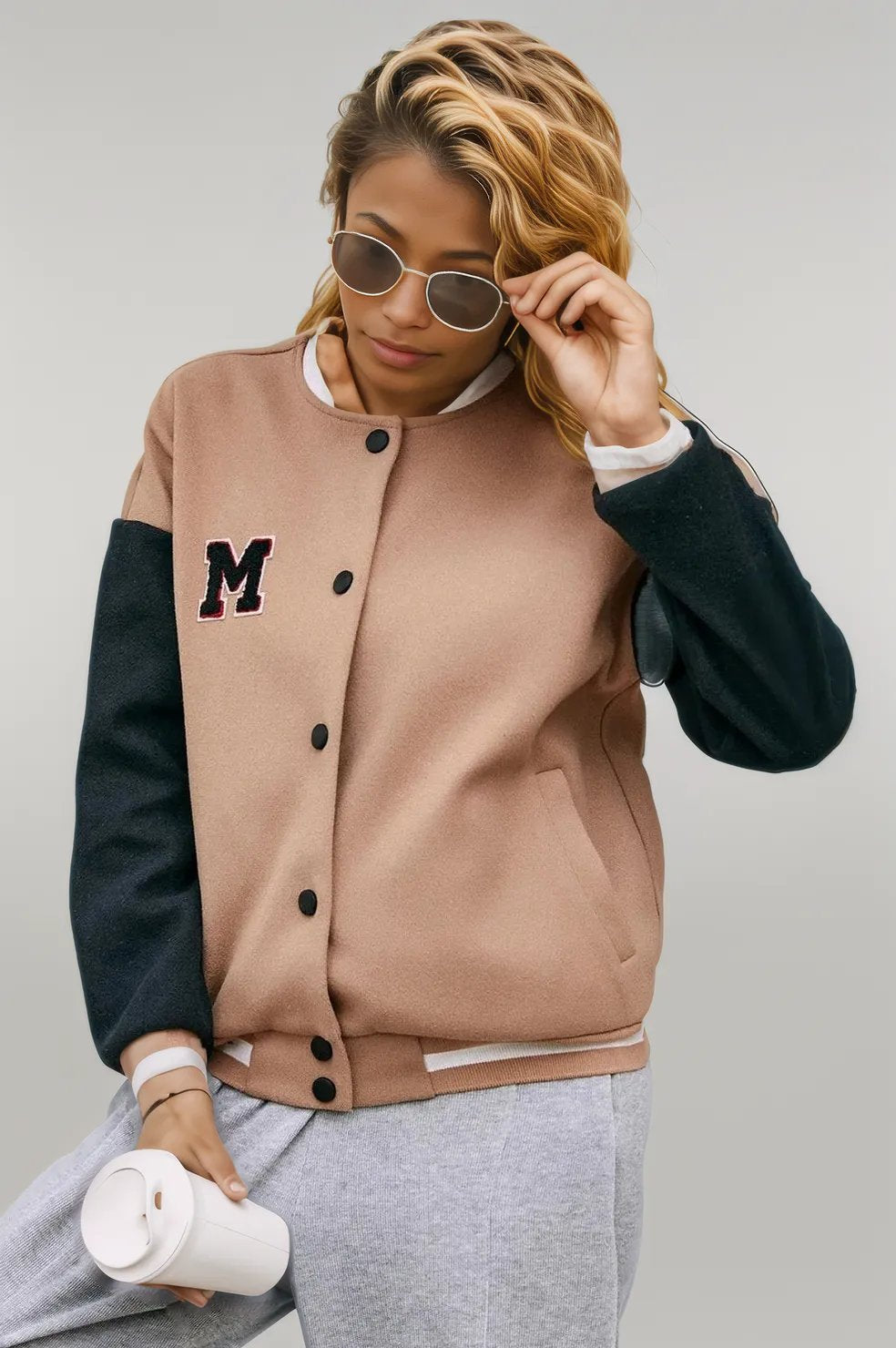 Ivy Lane Contrast Baseball Collar Snap Down Jacket Camel