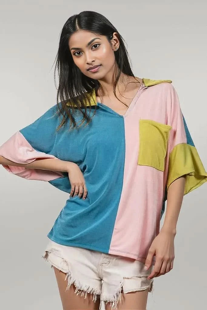 BiBi Slinky Knit Color Block V Neck Front Top N.GREEN FUCHSIA TURQ