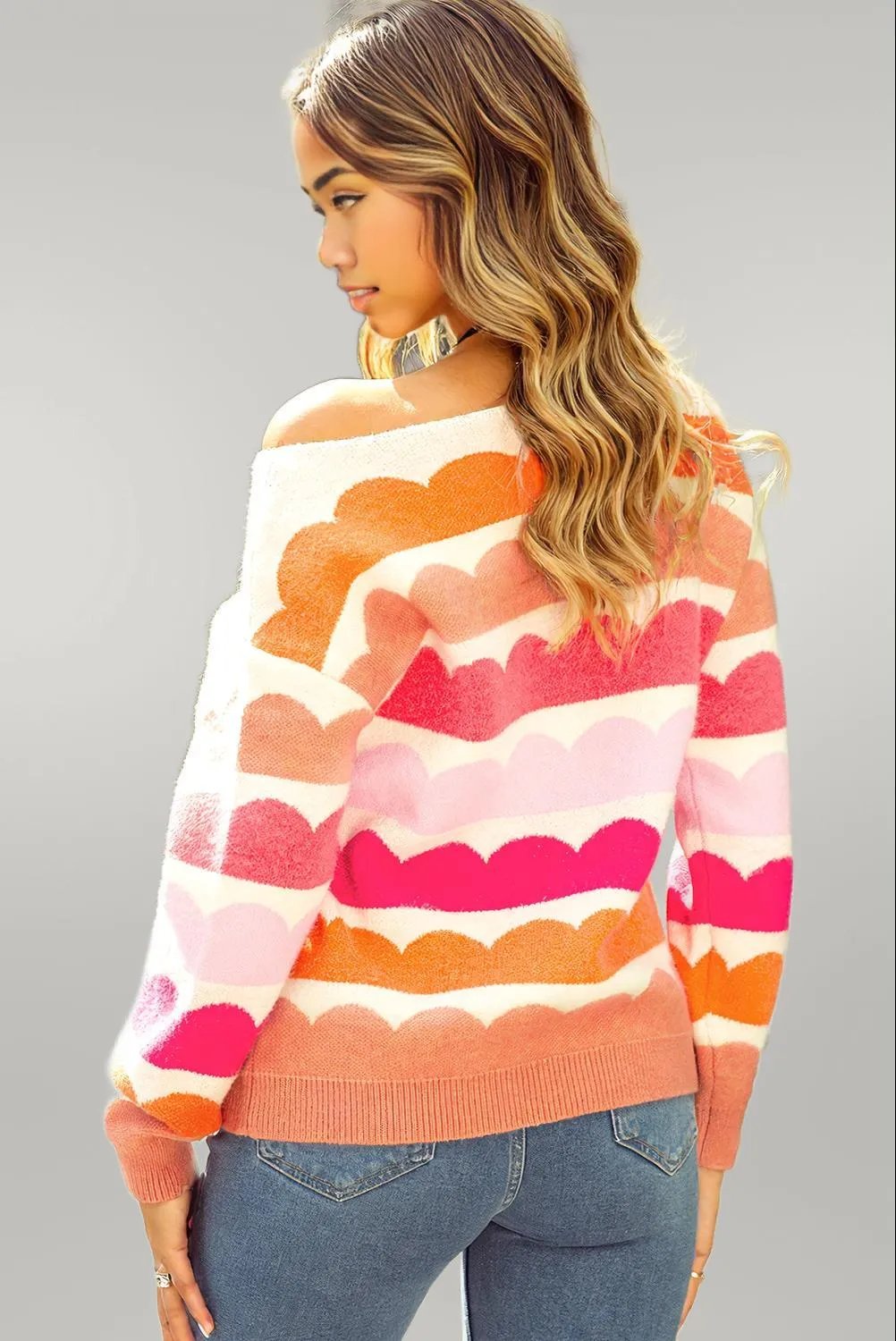 Rose Red Wave Striped Balloon Sleeve Drop Shoulder Sweater