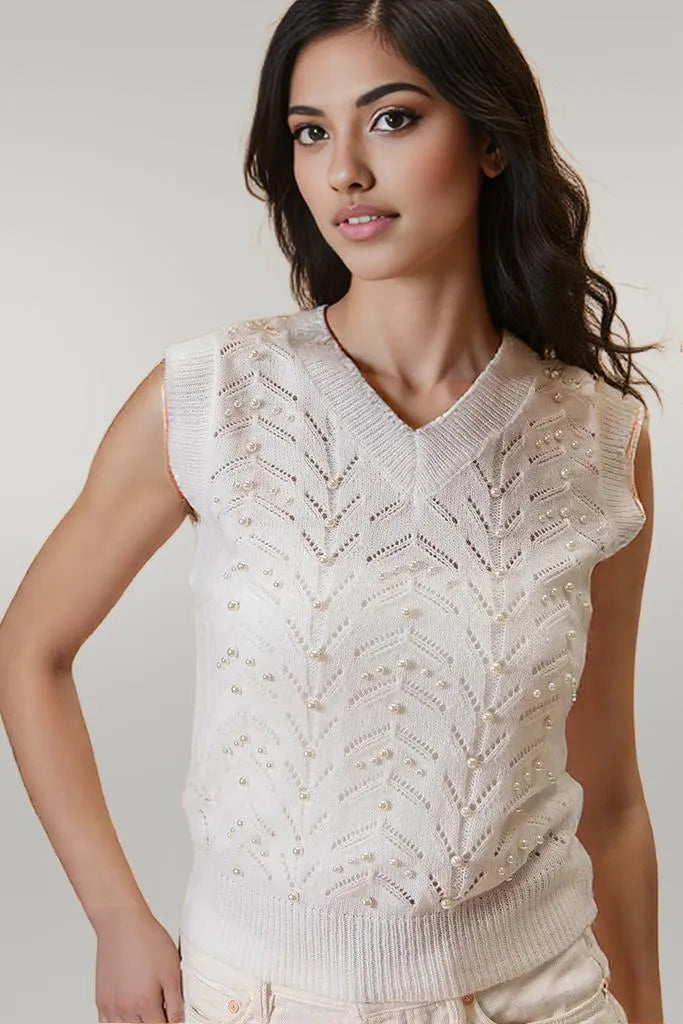 BiBi Chevron Pointelle Pearl Knit Top