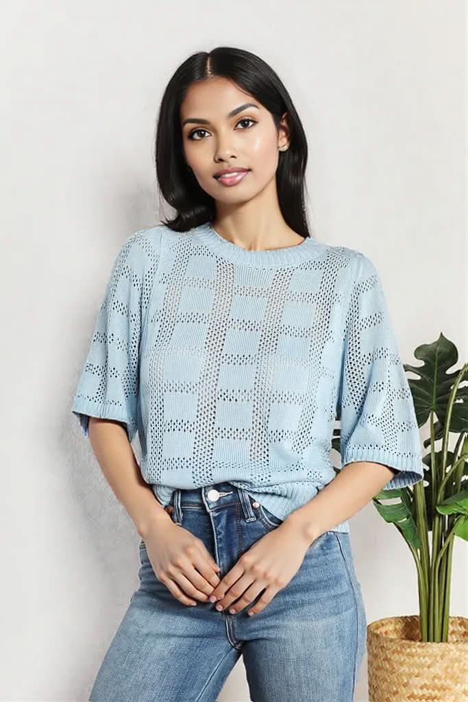 Mandy Ribbed Trim Round Neck Knit Top Light Blue