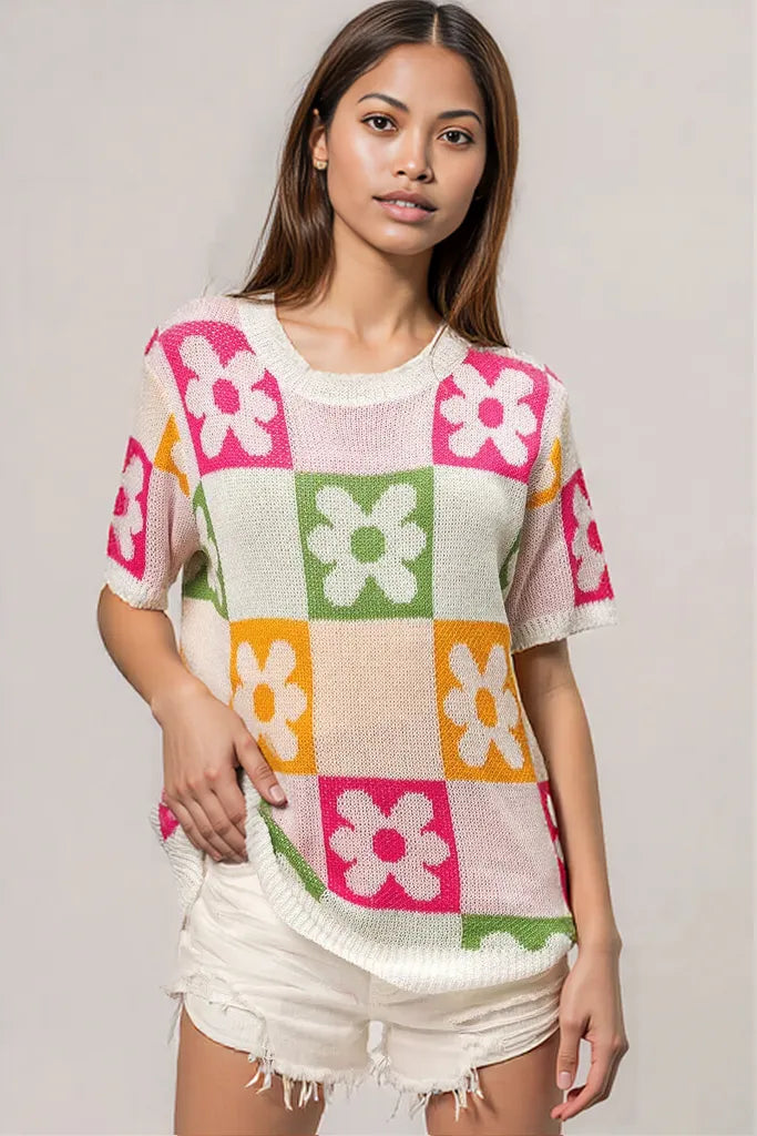 BiBi Flower Checker Pattern Lightweight Sweater Top