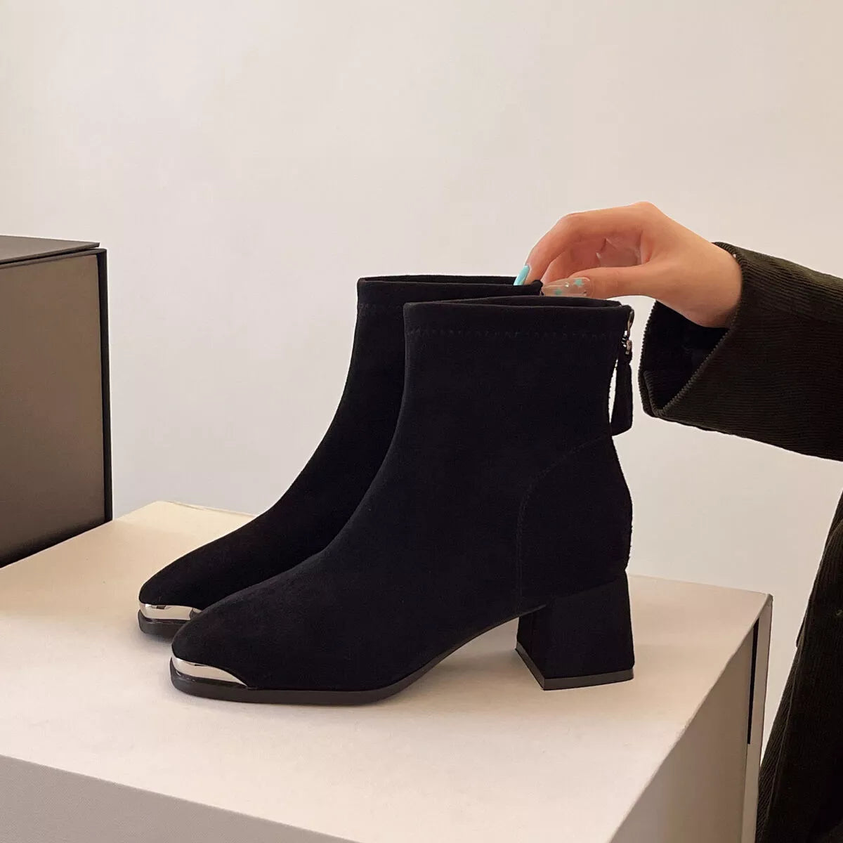 Square Toe Block Heels Boots Black