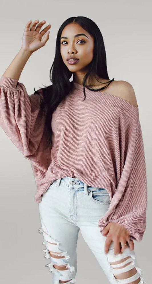 Ribbed Long Sleeve Knit Top Blush Pink