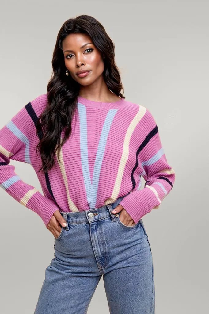 Annie Wear Chevron Stripe Round Neck Ribbed Sweater Orchid