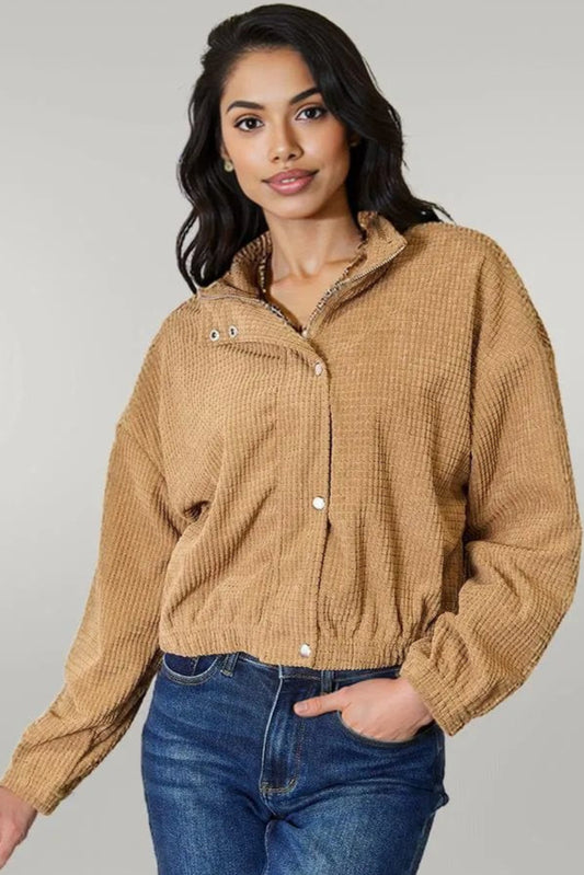 Perfee Long Sleeve Dropped Shoulder Jacket Camel