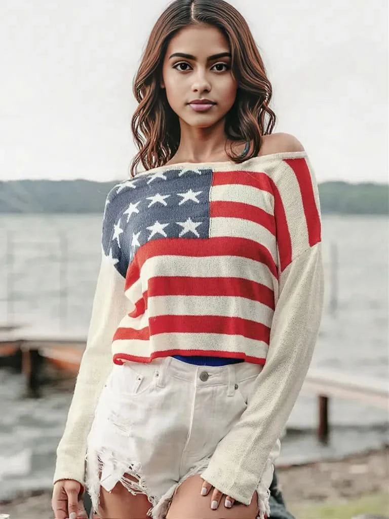 Perfee US Flag Boat Neck Long Sleeve Knit Top Ivory