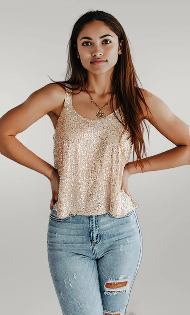 Sequin Scoop Neck Tank Tan